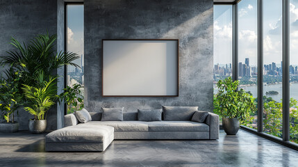 Fototapeta premium Modern living room with a large, blank canvas above a grey sofa.