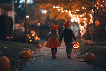 Children go to Trick or Treat at Halloween night. Street with city lights in the background