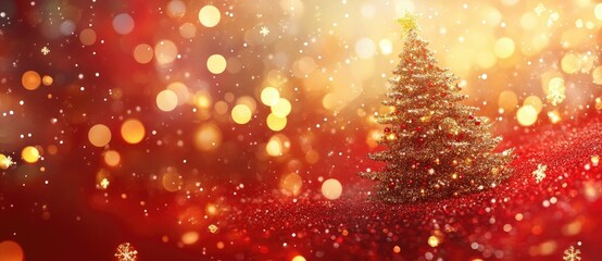 Abstract Background in Red and Gold with Glittering Christmas Tree and Bokeh Effect