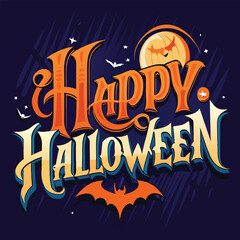 Happy Halloween Design with Spooky Bats and Pumpkin Graphics