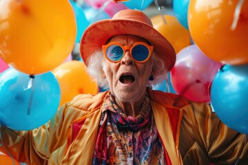 Travelers embrace joyful reunions with their younger selves amidst vibrant balloons