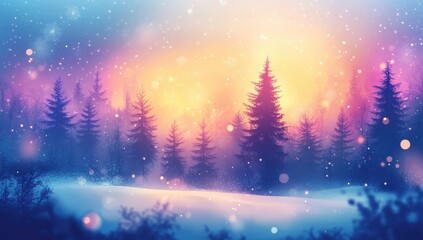 Abstract Snowy Landscape with Forest Trees and Colorful Lights, Christmas or New Year Background