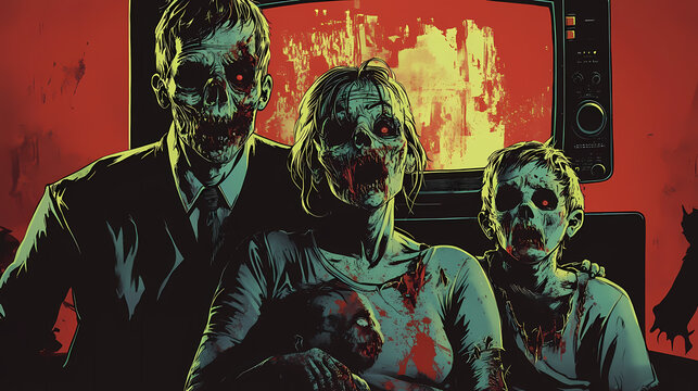 Hypnotised zombie family watching news propaganda on tv, created with generative ai technology. Zombie. Illustration