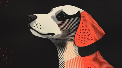 Obraz premium Abstract dog depicted in risograph style, minimalist design elements on a black background, inspired by the calm and simplicity of traditional ink wash art
