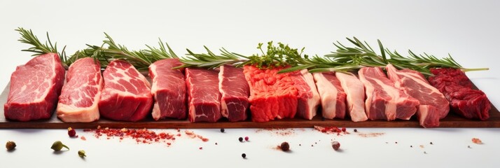 Fresh cuts of assorted meats arranged with herbs on a wooden board in a bright kitchen setting