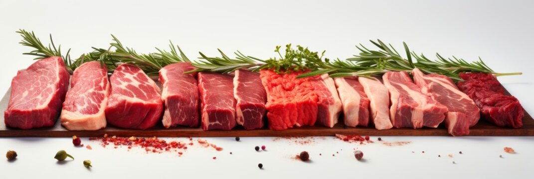 Fresh cuts of assorted meats arranged with herbs on a wooden board in a bright kitchen setting
