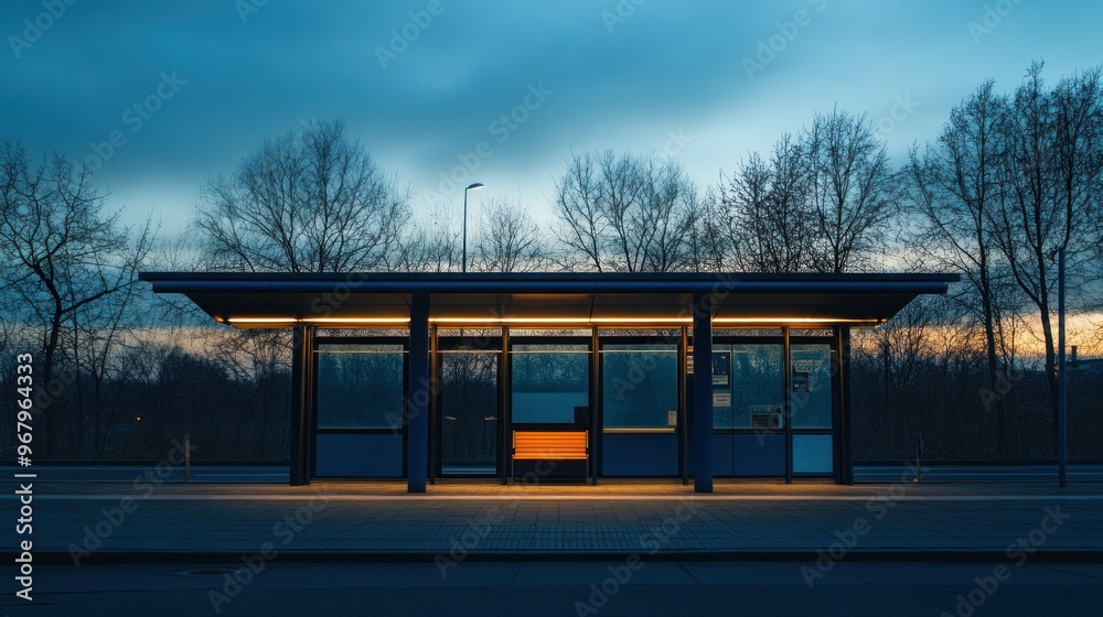 Canvas Prints A modern bus stop illuminated at dusk, surrounded by trees against a cloudy sky.