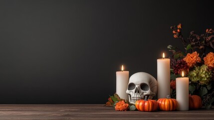 How do candles around a skull in a Halloween floral arrangement highlight themes of remembrance