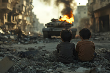 Children Sitting Amidst a Burning Tank | Impact of Conflict on Innocence and War's Devastation