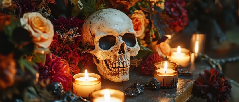 How do candles in a Halloween floral arrangement represent the passage between life and death