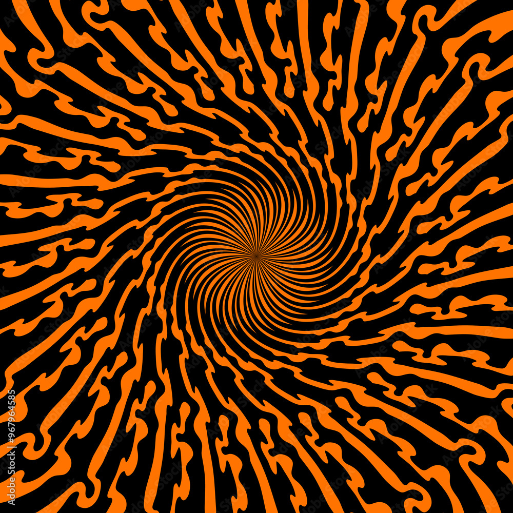 Poster Psychedelic Halloween spiral pattern hypnotic swirl, hypnosis effect. Vector dynamic black and orange vortex, illusion of movement and depth with dizzying effect. Psychedelic abstract twirl background