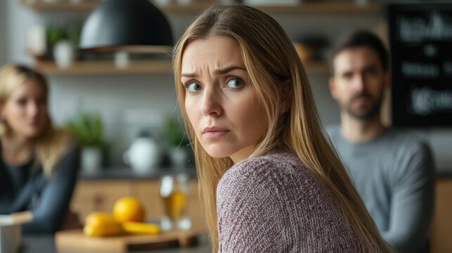 A wife trying to adapt to a new family environment, looking puzzled in the kitchen.