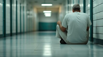 Fototapeta premium Inmate sitting alone in a dark, cramped solitary confinement cell, Extreme isolation, punishment and mental strain