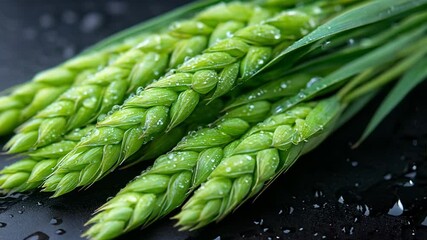 This clip showcases vibrant green asparagus stalks, glistening with water droplets. The close-up highlights their fresh texture and natural colors, emphasizing quality.