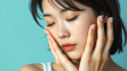 Obraz premium 20代日本人女性 手を顔に添える ブルーバック素材 