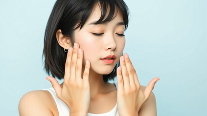 20代日本人女性　手を顔に添える　ブルーバック素材
