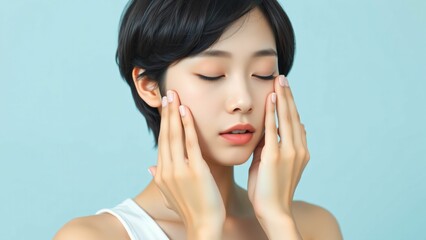 Fototapeta premium 20代日本人女性 手を顔に添える ブルーバック素材 