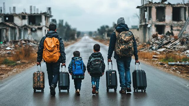 A group of travelers, including children, walks down a barren road lined with ruins, each carrying luggage as they seek refuge and a brighter future amidst destruction.
