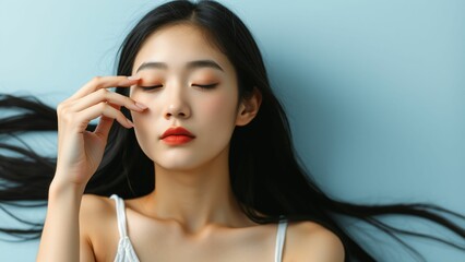 Fototapeta premium 20代日本人女性 手を顔に添える ブルーバック素材