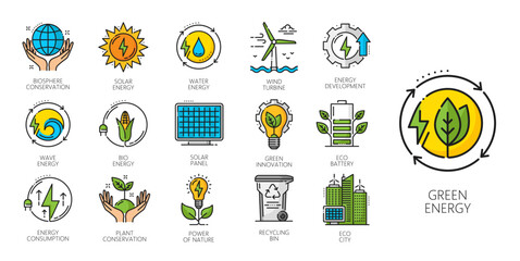 Green energy, eco power, natural electricity line icons and symbols, vector set. Natural energy production and alternative power generation sources of solar panel and wind turbine for renewable energy © Vector Tradition