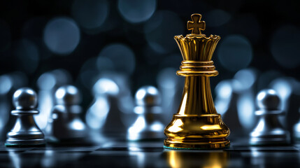 A golden chess king stands victorious, surrounded by silver pieces. This symbolizes the idea of successful leadership and strategic planning in business.