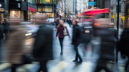 A blurred city scene showcasing people walking in a bustling urban environment.
