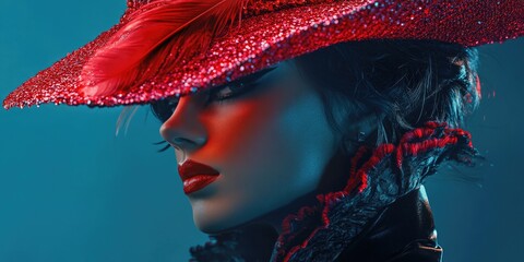 Woman in red hat with feathers