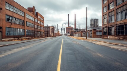 Fototapeta premium Empty asphalt road with industrial buildings in the background, showing warehouses, smokestacks, and steel structures