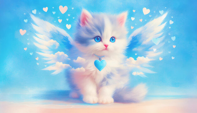 かわいいもふもふ猫がエンジェルハート天使の翼をつけて青空雲と海に囲まれたイラスト背景