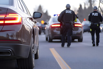 Fototapeta premium Police Patrol Cars Conducting a Routine Traffic Stop | Law Enforcement and Public Safety Operations