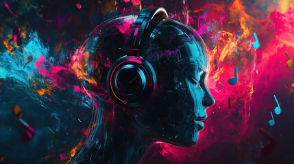 A colorful artificial intelligence robot woman with headphones on her head, colorful glowing elements on a dark background