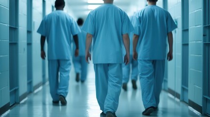Inmates walking in line through a prison hallway, wearing identical uniforms, Prison routine, daily life in jail