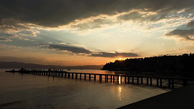 Sunset Over Lake Ohrid with Scenic Waterfront and Pier | Macedonia Evening Landscape