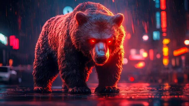 A fierce bear in a city at night, glowing red eyes, symbolizing a stock market bear trend