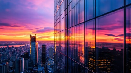 Modern skyscraper with a glass facade, vibrant sunset hues reflecting off its surface, overlooking a dynamic urban skyline, capturing the essence of city life at dusk