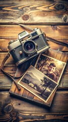 Olld grunge camera and photos on vintage grunge wooden background in vintage style