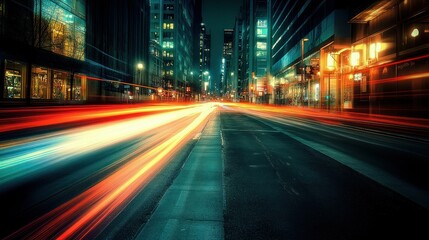 Obraz premium A vibrant night cityscape with blurred lights from moving vehicles on a busy street.