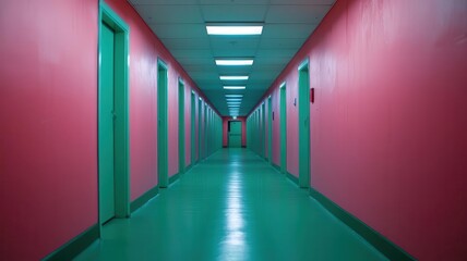 Fototapeta premium Long prison corridor with flickering fluorescent lights, Jail atmosphere, claustrophobic confinement