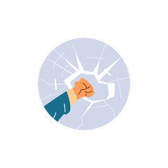 A vector illustration of a hand smashing glass with a fist depicts aggression and vandalism