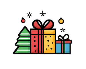 Christmas Gift Stack: A festive illustration of colorful, wrapped Christmas presents and a Christmas tree, radiating holiday cheer and anticipation.