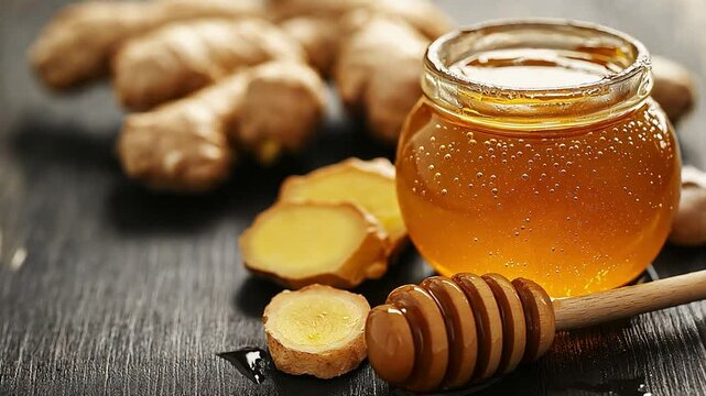 A close-up of fresh ginger root and sliced pieces next to a jar of golden honey on a rustic wooden table.