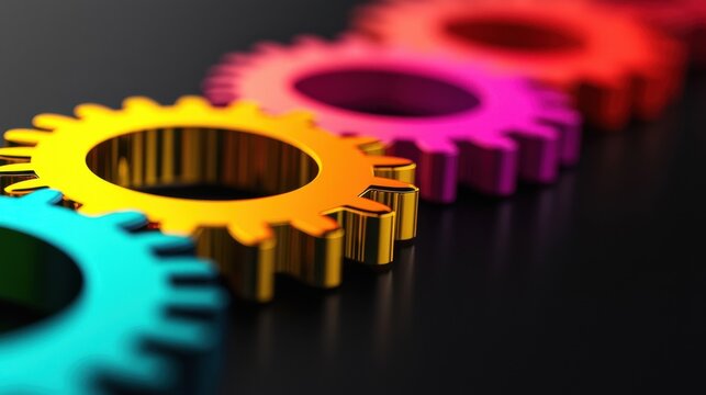 A series of interconnected gears and cogs, gradually lighting up in bright colors as they move forward, a smooth onboarding process in an organization