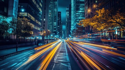 Obraz premium A vibrant city street at night with light trails from moving vehicles.