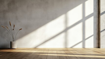 Empty space with a white concrete wall and wooden flooring, natural light streaming in, perfect for a modern mockup display or minimalist design showcase