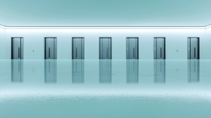 Obraz premium A series of locked doors in a row, each leading to a different room, the closed-off nature of silo mentality where information and collaboration are restricted