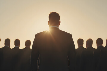 Fototapeta premium Silhouette of a Leader Standing Before a Group | Inspiring Leadership and Team Guidance