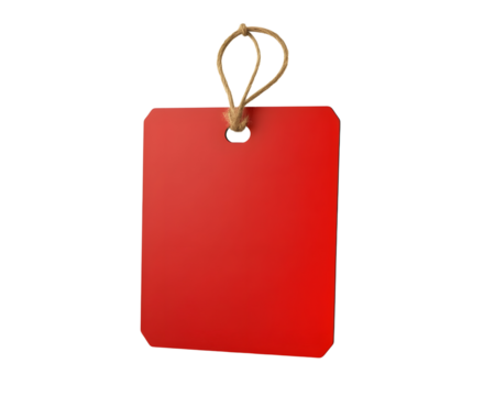 Blank Red Price Tag with String: A clean and simple image of a red price tag with a string, ready to be customized with your own text or graphics.  The isolated white background allows for easy integr