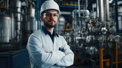 Engineer standing in front of complex refinery machinery, with a focus on monitoring and controlling the industrial process