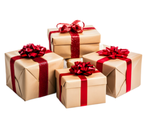 Gift Wrapped Joy: A beautifully arranged stack of five rustic kraft paper wrapped gifts, tied with crimson satin ribbons and bows, exudes warmth, anticipation, and the joy of giving. 