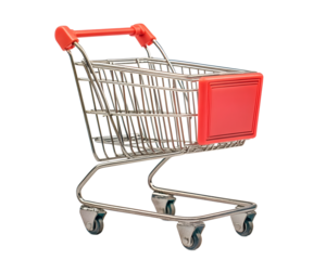 Mini Shopping Cart: A tiny, red-handled shopping cart, isolated on a white background, evokes a sense of playful retail therapy or miniature shopping experiences.  